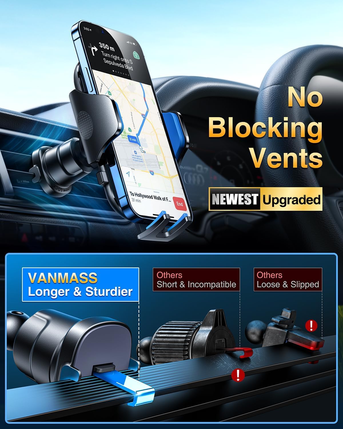 VANMASS Car Phone Holder 2026 Ultimate True Military-Grade【Upgraded Strongest Suction & Clip】 Cell Phone Car Mount Truck Windshield Dashboard Vent for iPhone 18 Pro Max 17 16 15 14 13 Android
