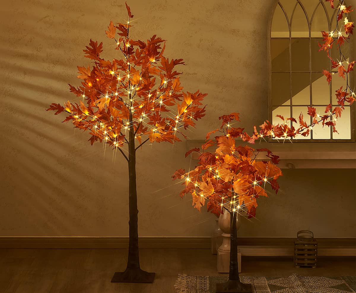 Hairui Lighted Maple Leaf Garland with Timer 6FT 24 Warm White LED, Fall Garland with Lights Battery Operated for Thanksgiving Harvest Christmas Wedding Decoration Indoor Outdoor