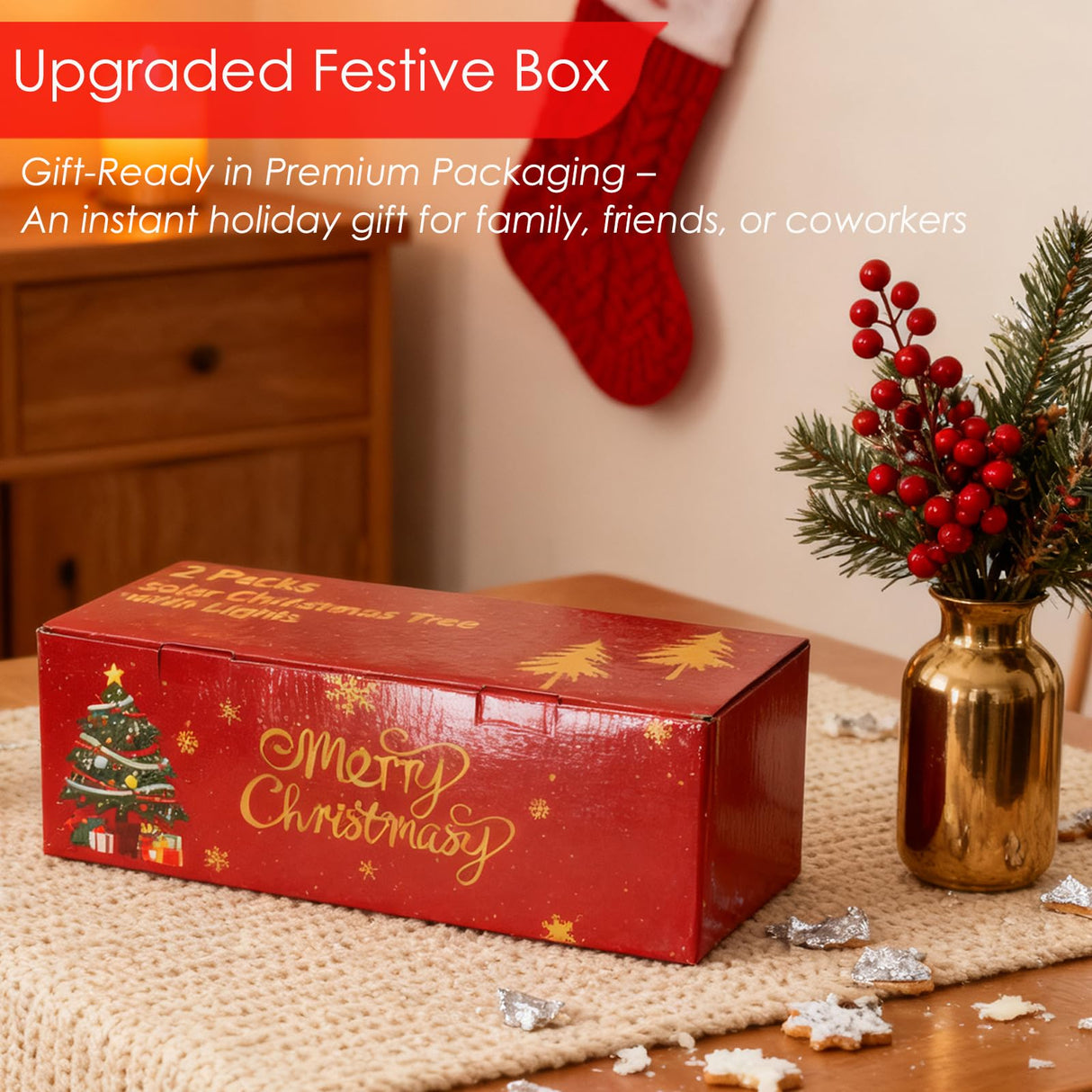 2-Pack 3.6FT Solar Christmas Tree Outdoor Christmas Decorations, 8 Modes Solar Xmas Tree Lights with 100 LED, Waterproof Solar Christmas Lights for Yard Front Porch Pathway Grave Cemetery Decor