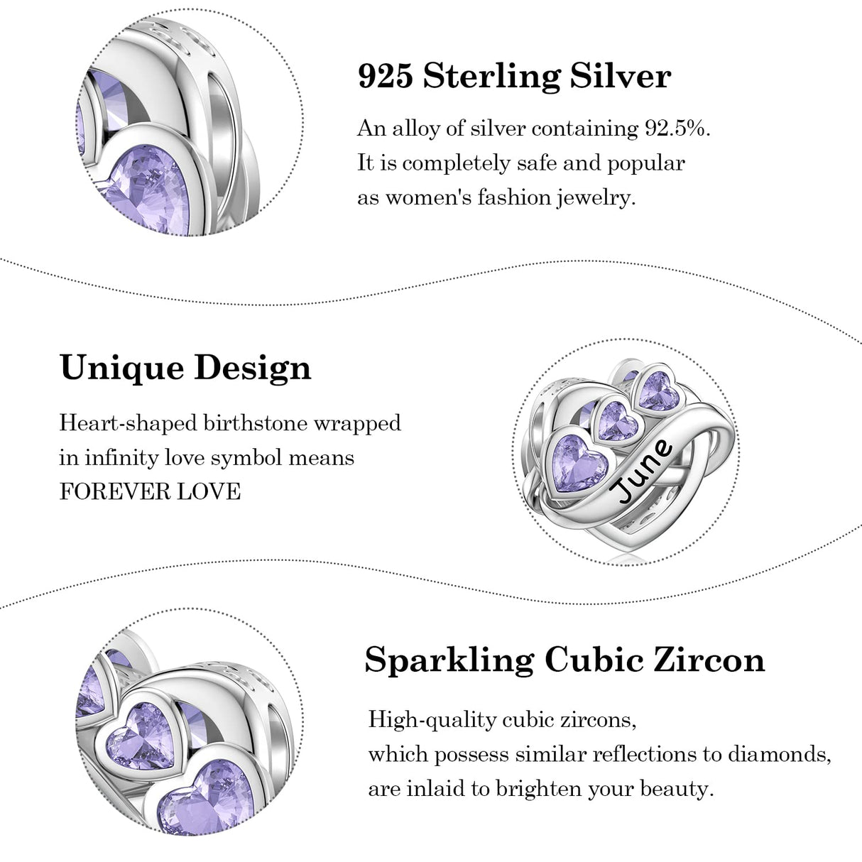 JIAYIQI Heart June Birthstone Charm for Pandora Charms Bracelet