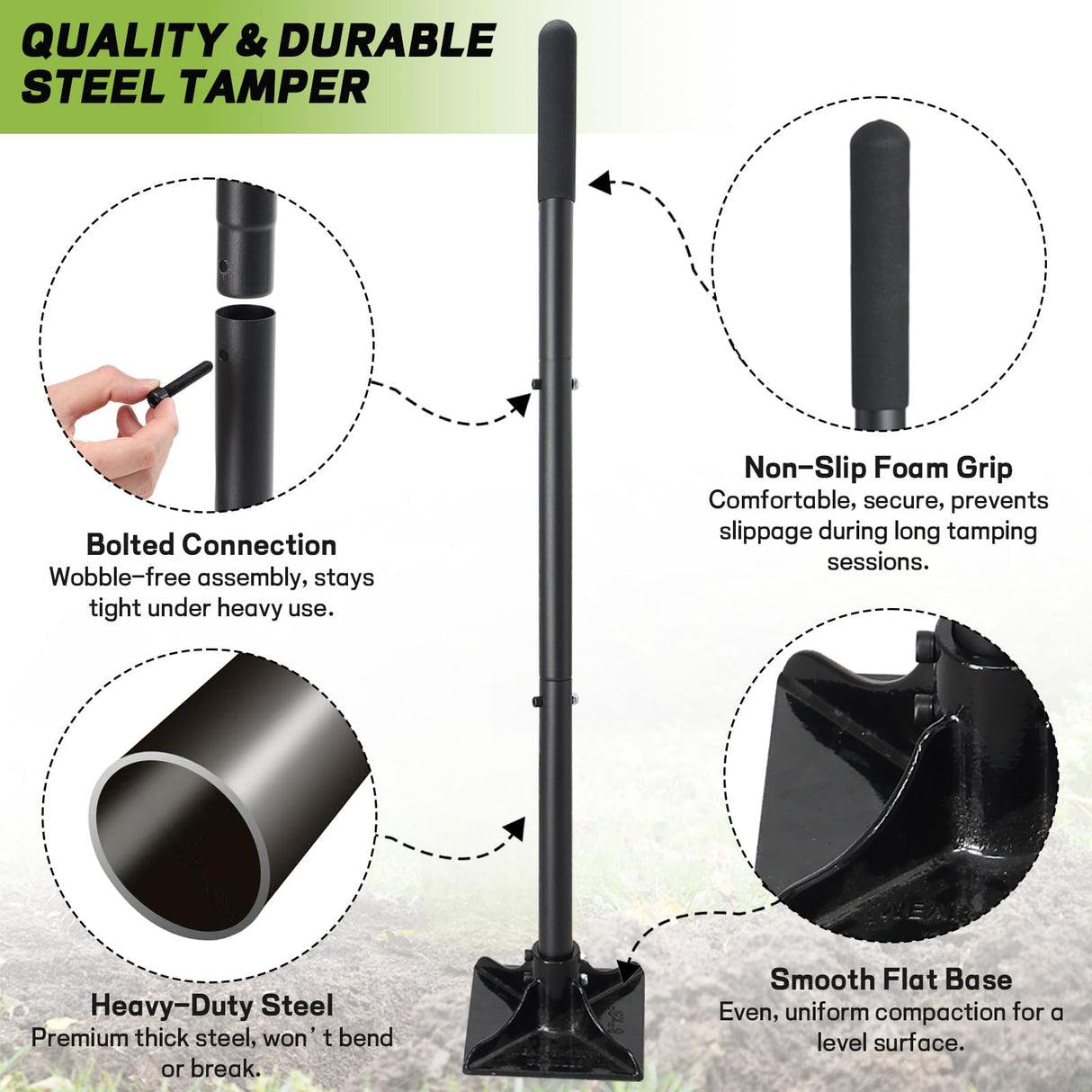 Tamper Tool Heavy Duty, 8x8 Inch Hand Steel Tamper Tool with 59 Inch Handle, Garden Ground Tamper for Leveling Soil, Gravel, Asphalt, Driveway