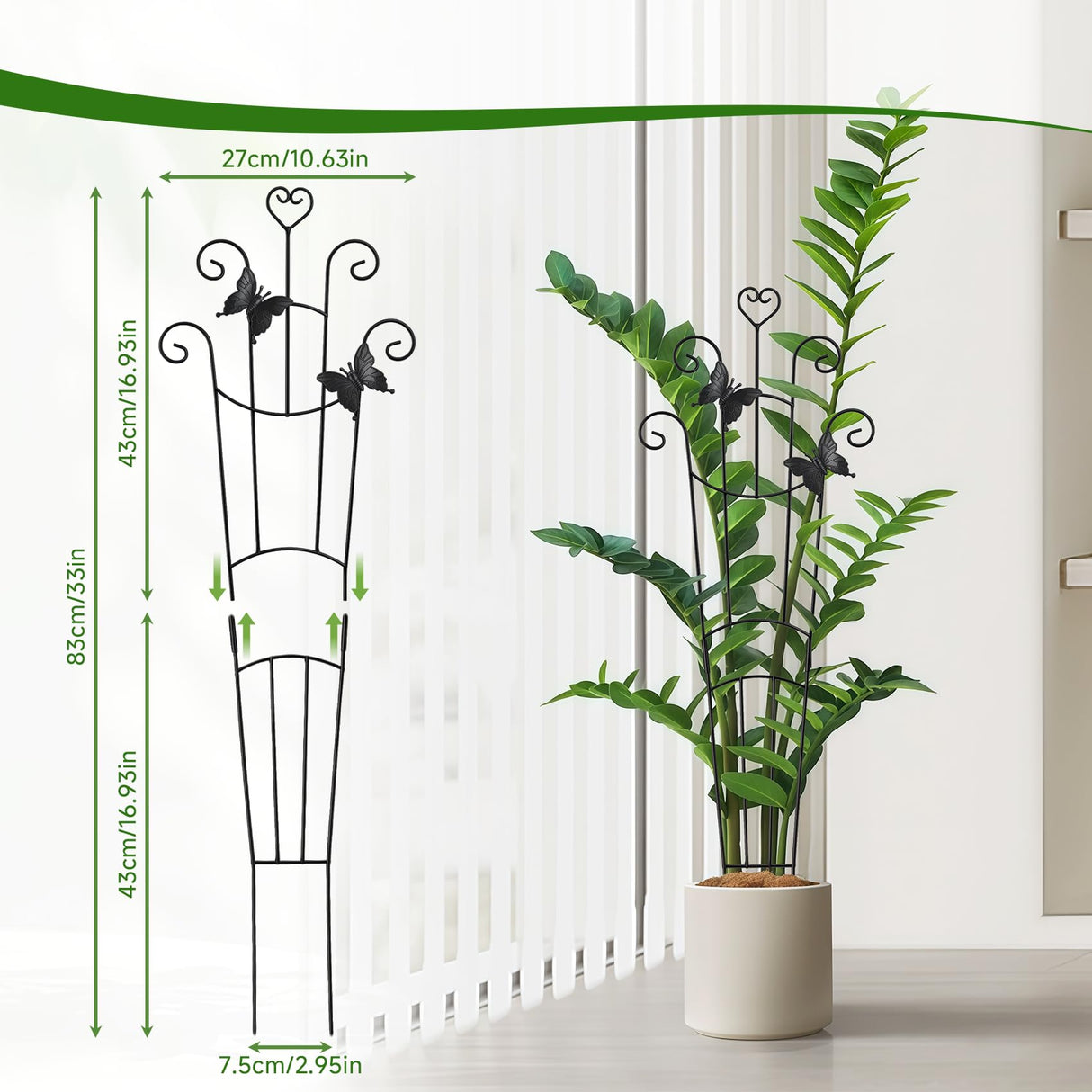 Plant Trellis for Climbing Plants Indoor Outdoor,2 Pack 33 Inch Expandable Metal Trellis for Potted Plants,Flowers Vine Ivy,Sturdy Climbing Plant Support for Indoor & Outdoor Houseplants with Ties