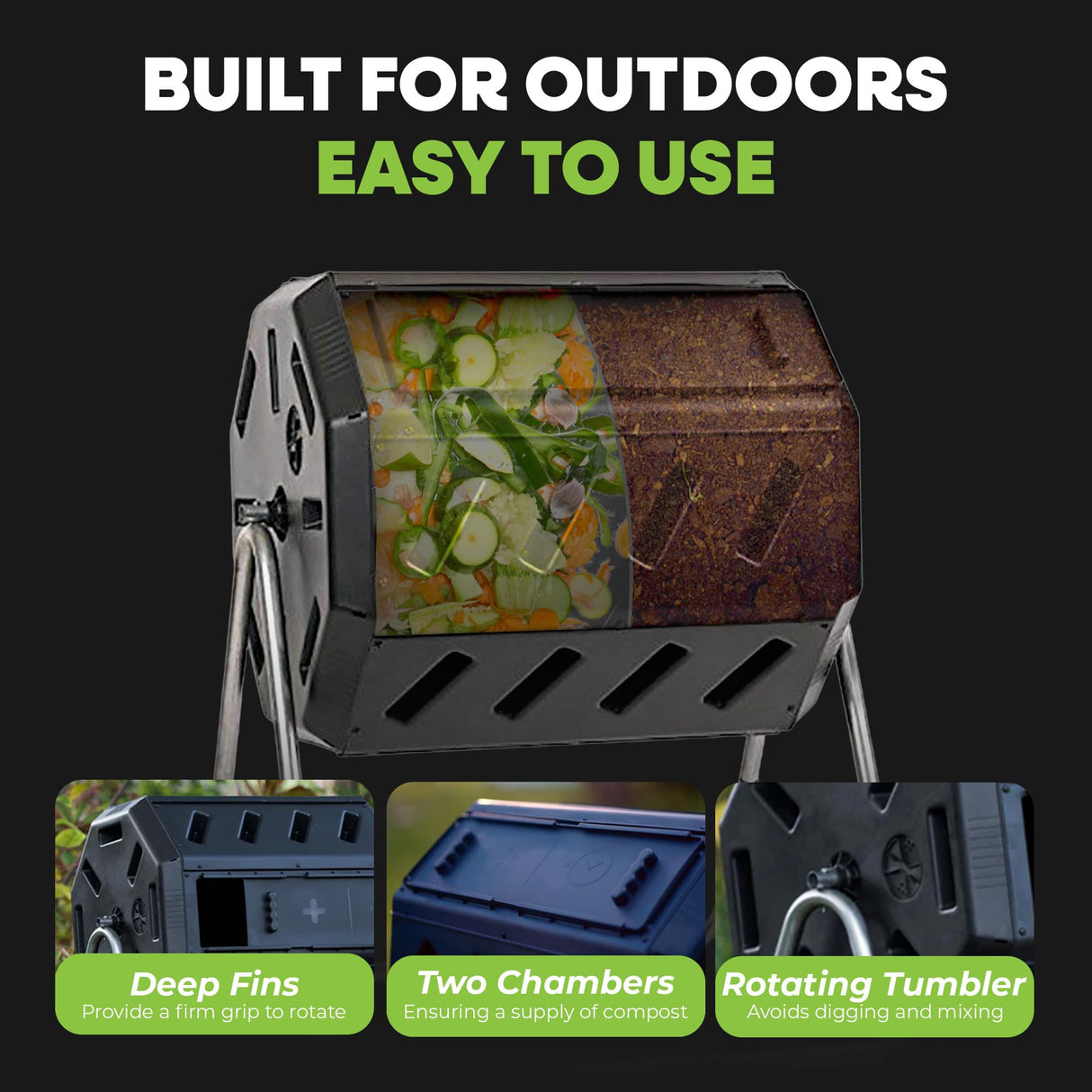 FCMP Outdoor Heavy Duty 37 Gallon 8 Sided Steel Portable Plastic Dual Chamber Tumbling Composter Outdoor Elevated Rotating Garden Compost Bin, Black