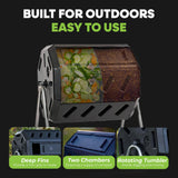FCMP Outdoor Heavy Duty 37 Gallon 8 Sided Steel Portable Plastic Dual Chamber Tumbling Composter Outdoor Elevated Rotating Garden Compost Bin, Black