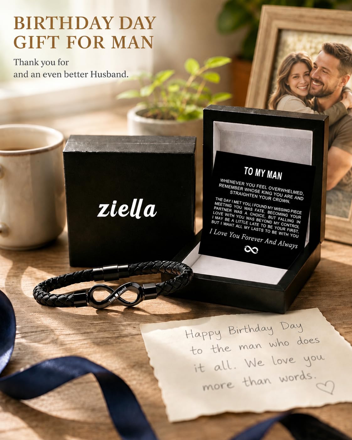 ziella To My Man,Personalized Dual Name Infinity Leather Bracelet,Personalized Custom Name Stainless Steel Bracelet Valentine Birthday Gifts for Him (L (Large), 9-inch)