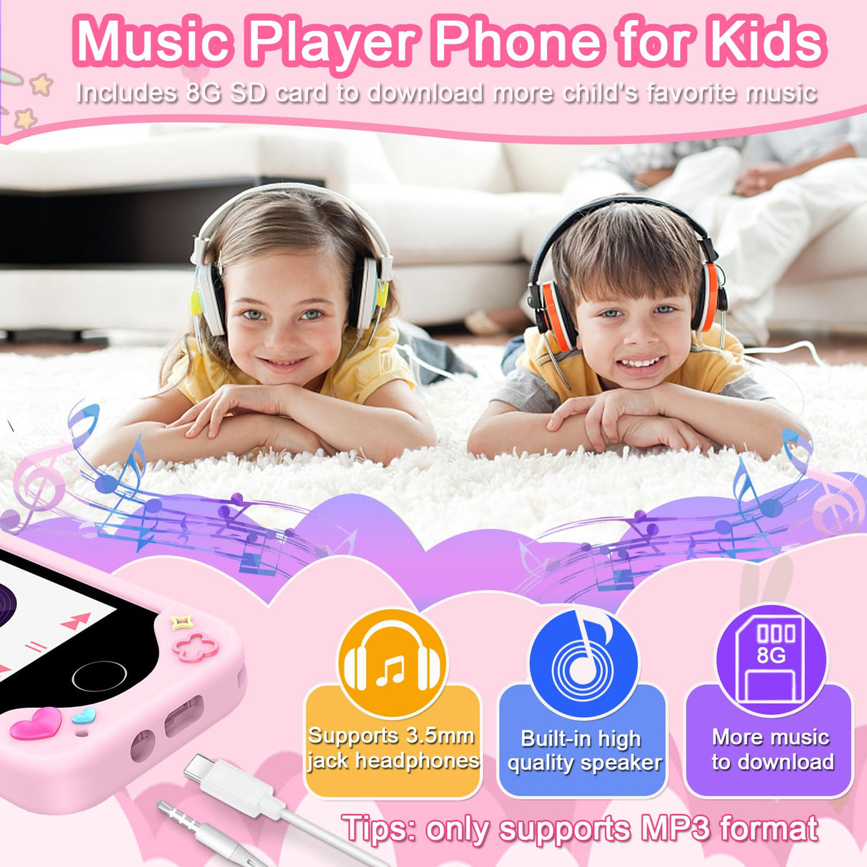 Kids Smart Phone for Girls Toys, Gifts for 3-10 Year Old Girl Boy Christmas Birthday Kids Toys, 2.8" Touchscreen Toddler Learning Cell Toy Phone with Dual Camera, Game, Music Player, 8GB Card Pink
