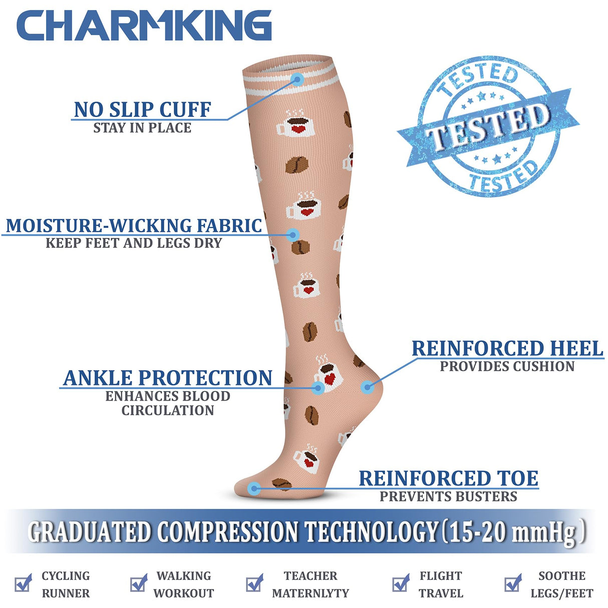 CHARMKING Compression Socks for Women & Men (8 Pairs) 15-20 mmHg Graduated Copper Support Socks are Best for Pregnant, Nurses - Boost Performance, Circulation, Knee High & Wide Calf (S/M, Multi 54)