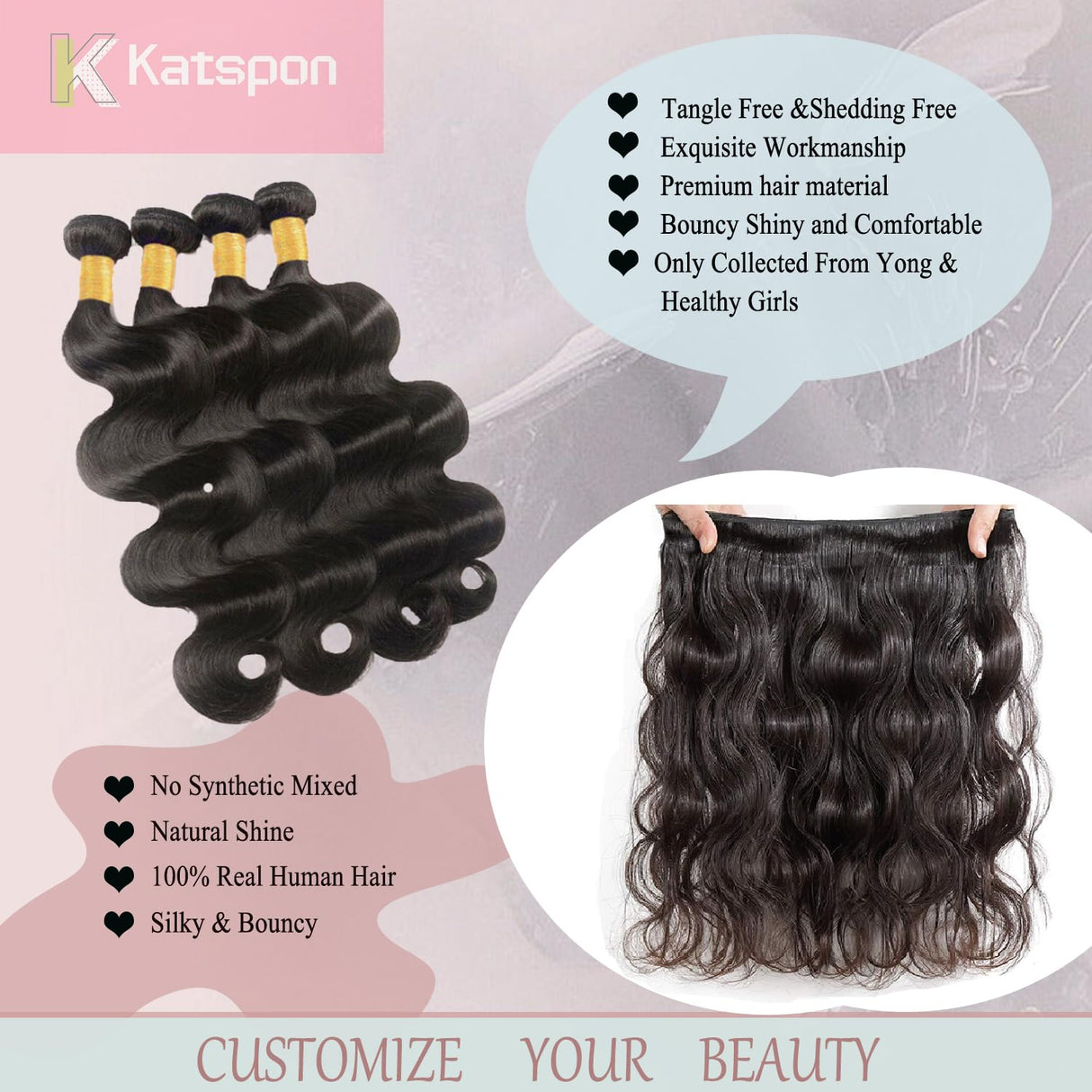 Katspon 12A Human Hair Bundles 16 18 20 22 Inch Body Wave 100% Unprocessed Brazilian Virgin Hair 4 Bundles Deals Human Hair Extensions Quick Weave Human Hair Natural Black