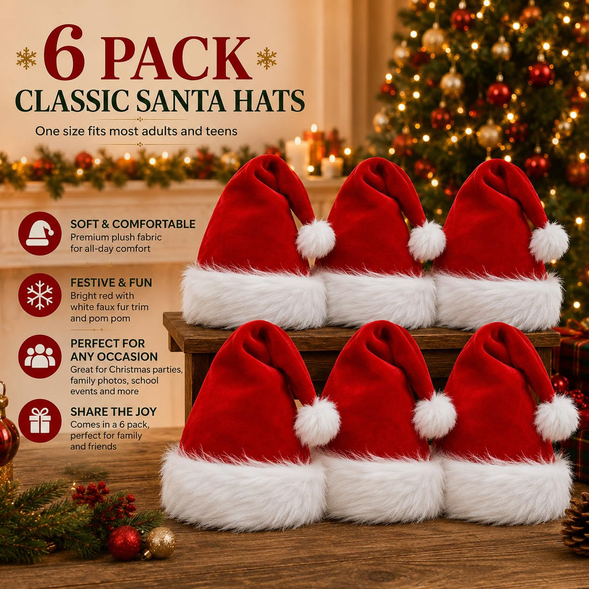 AOGU 6 Pack Plush Santa Hat Confortable Velvet Red Christmas Hat for Christmas Party Favors Fit for Adults and Kids