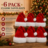 AOGU 6 Pack Plush Santa Hat Confortable Velvet Red Christmas Hat for Christmas Party Favors Fit for Adults and Kids