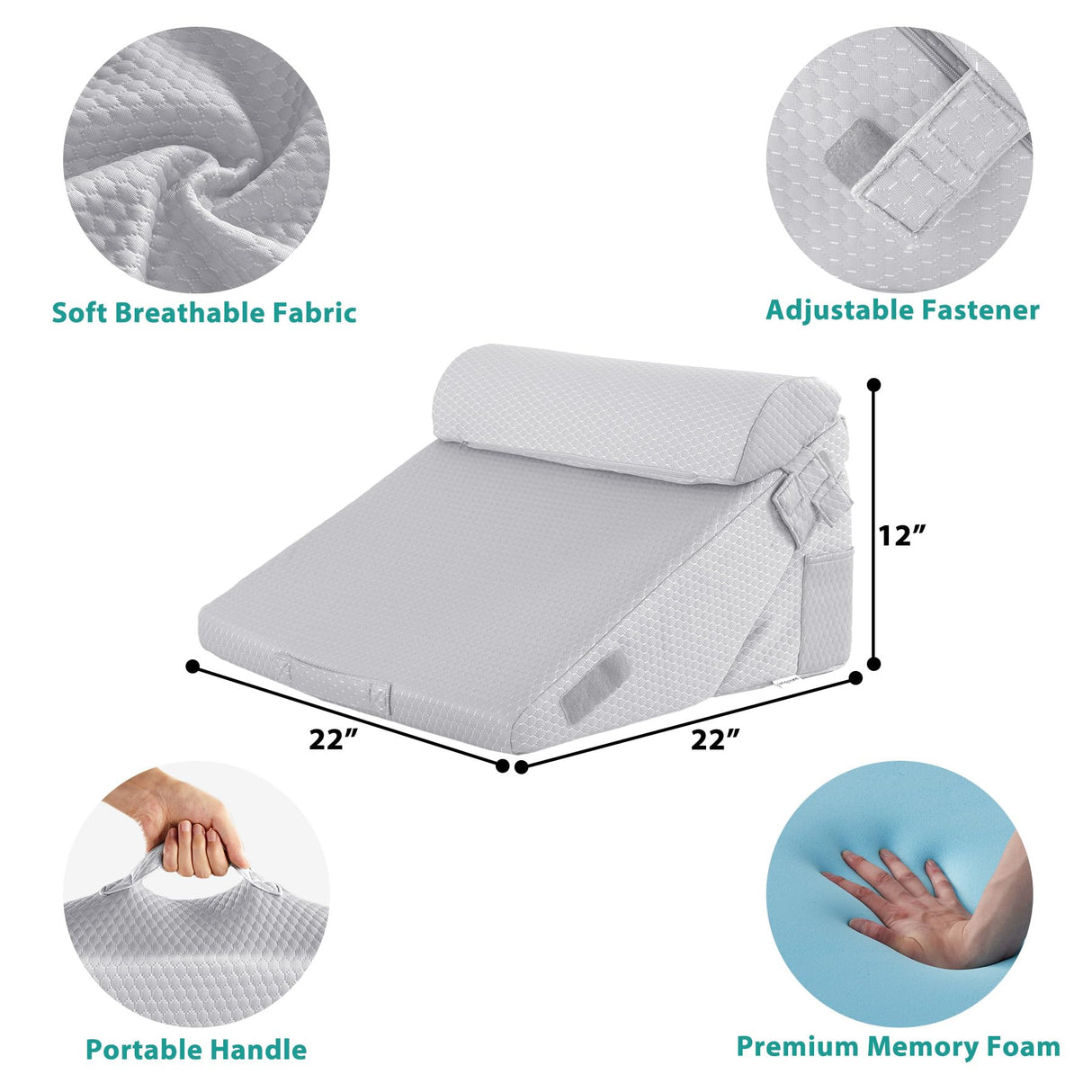 Bedluxe 3Pcs Orthopedic Bed Wedge Pillow Set, Foam Wedge Pillow Post Surgery for Back, Leg and Knee Support, Adjustable 9&12 Inch Folding Triangle Pillow for Sleeping, Acid Reflux, Snoring, Light Grey