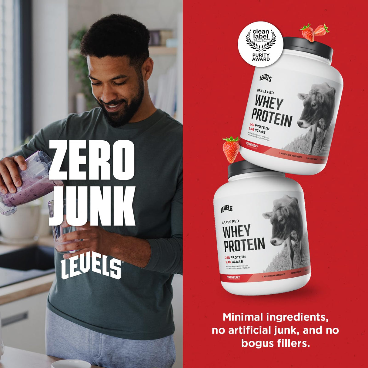 Levels Grass Fed Whey Protein Powder, No Artificials, 24G of Protein, Strawberry, 5LB