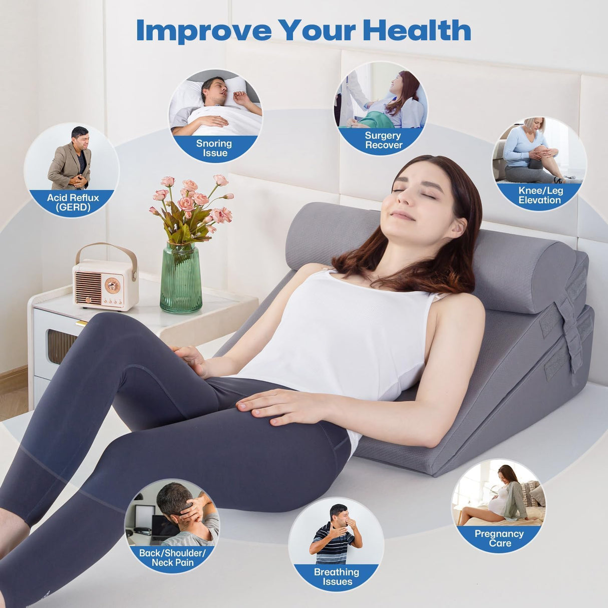 GOHOME Cooling Wedge Pillow Set for After Surgery, 3-Piece Adjustable Memory Foam Bed Wedge Pillow for Sleeping - Acid Reflux, Snoring, Neck Pain and Back Pain, Grey