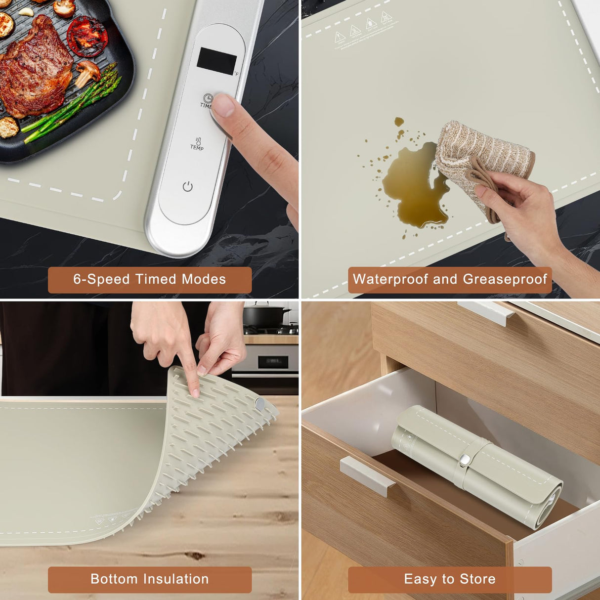 FYY Warming Mat for Food - Rapid and Full Surface Heating, 6 Temp Settings, 6H Timer, Rollable Portable Food Warming Mat, Ideal for Gatherings, Parties, Keep Meal Warm (X Large Size, Khaki)