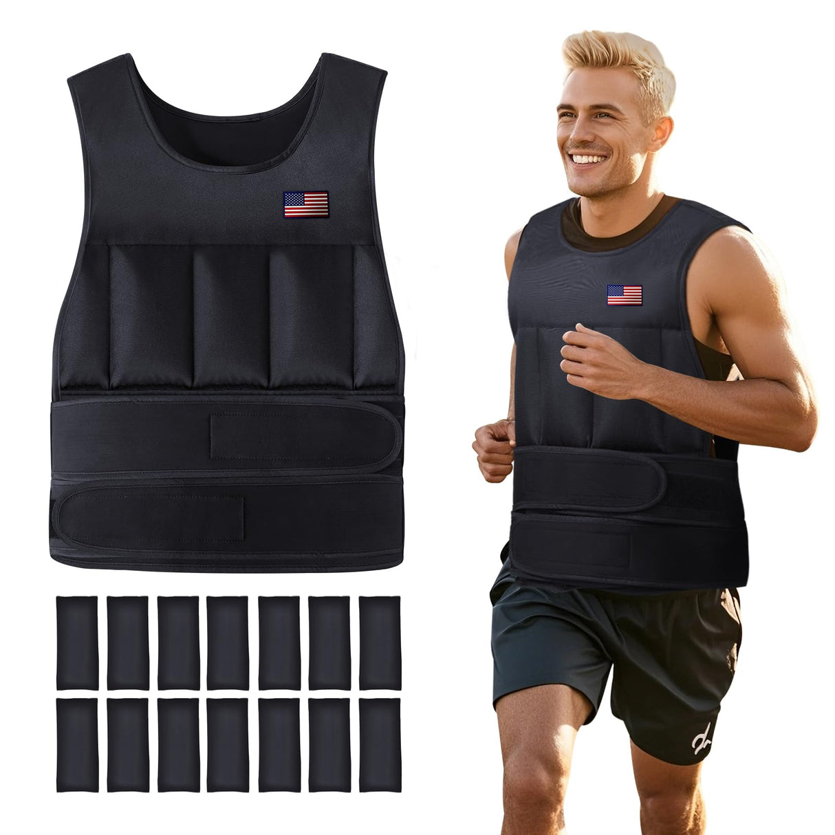 Wolliwa Adjustable Weighted Vest for Men Women,2-20 Lbs Adjustable Weights Weighted Vest with Straps Running Weight Vest Walking Strength Training Fitness,Black,14 PCS Sandbags,Each 1.27 Lbs
