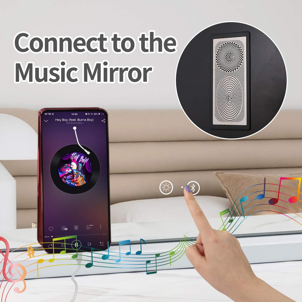 Fenair Vanity Mirror with Lights and Speaker Hollywood Speaker Support Answer Call, Touch Screen, 3 Color Modes Tabletop 15 Dimmable Bulbs