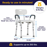 Drive Medical 12445KD-1 Shower Chair with Back and Padded Arms, Adjustable Height Bath Stool with Nonslip Feet, Tub Chair for Elderly, Bath Seat with Back, 350 LB Weight Cap, White