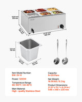 VEVOR 6-Pan Commercial Food Warmer, 24QT Electric Steam Table, 1200W Professional Countertop Stainless Steel Buffet Bain Marie with 86-185°F Temp Control for Catering and Restaurants, Silver