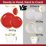 Nervure 350PCS Red Plastic Plates - Red Gold Plastic Dinnerware Sets for 50 Guests - 100 Gold Disposable Plates, 50 Pre Rolled Silverware Sets, 50 Cups Perfect for Wedding & Party & Christmas