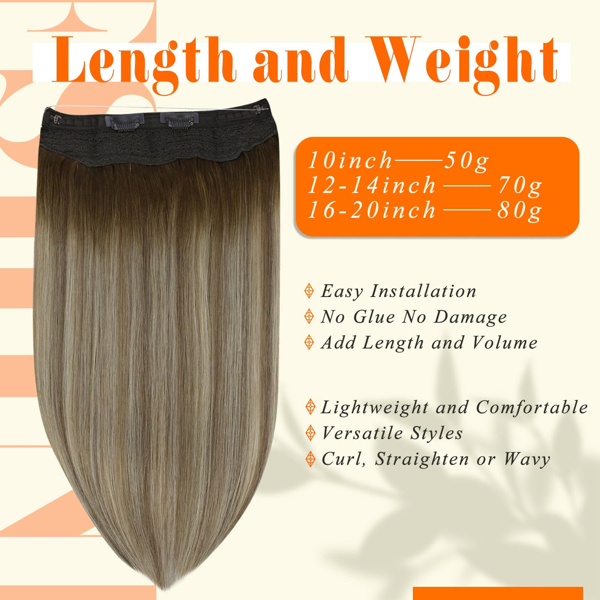 Fshine Invisible Wire Hair Extensions Real Human Hair Secret Extensions Wire Layered Hairpiece Dark Brown to Ash Brown and Blonde One Piece Hair Extensions Clip in Human Hair Wire 16 Inch 80 Gram