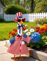 bomis Veterans Day Patriotic Porch Goose Outfits for 23 Inch Lawn Statue – Veteran Tribute Goose Costume with Red Heart Sunglasses, Star‑Striped Top Hat, Handheld American Flag