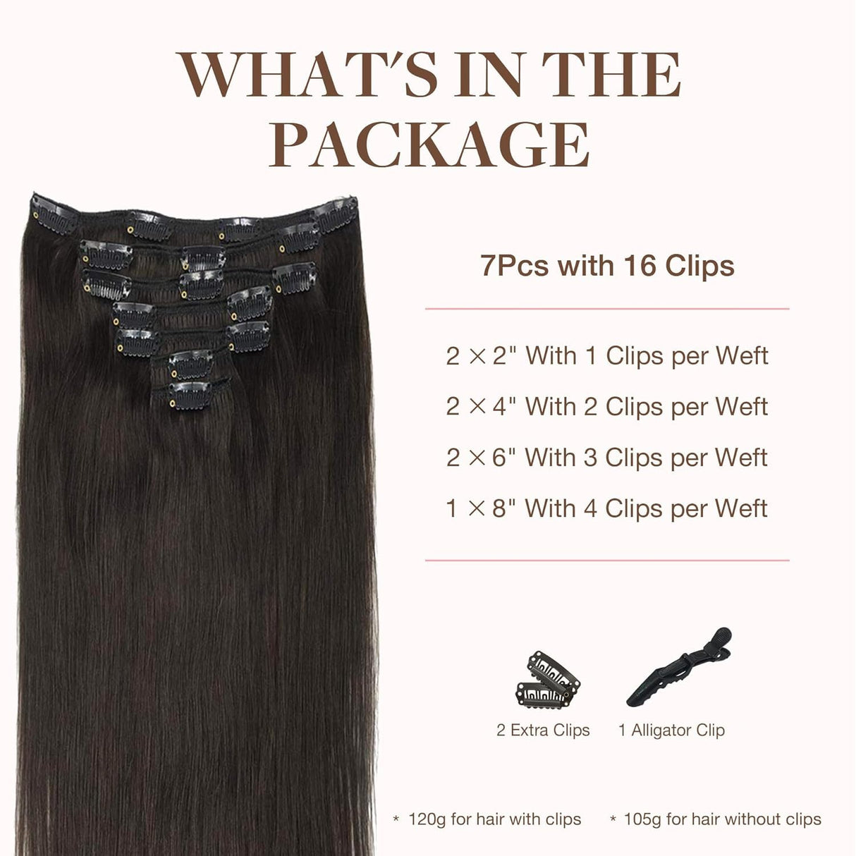 GOO GOO Clip in Hair Extensions Real Human Hair, Remy Human Hair Extensions Clip ins for Women, Natural Human Hair, 24inch 120g 7Pcs, 2 Dark Brown