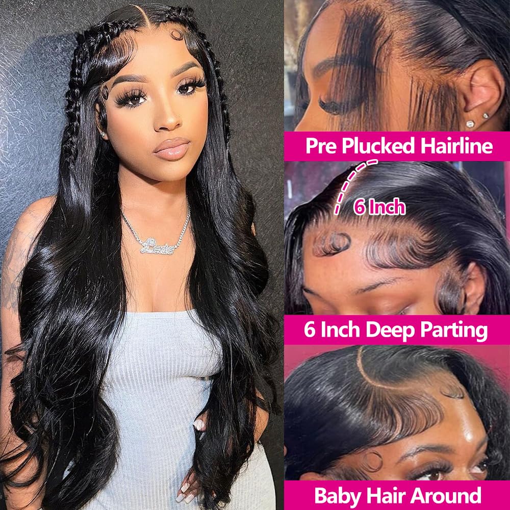 32 Inch 13x6 Body Wave Lace Front Wigs Human Hair 200 Density HD Transparent Lace Front Wigs Human Hair Glueless wig for Women Body Wave Wig Pre Plucked with Baby Hair Lace Frontal Wig Natural Black