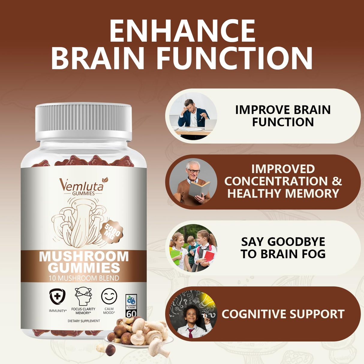 2 Packs 5000MG Mushroom Gummies -10 Blend Organic Mushroom Supplement containing Lion's Mane and Reishi for Brain and Immune Boosting, Vegan Blueberry Flavor, Non-GMO, 120 Counts