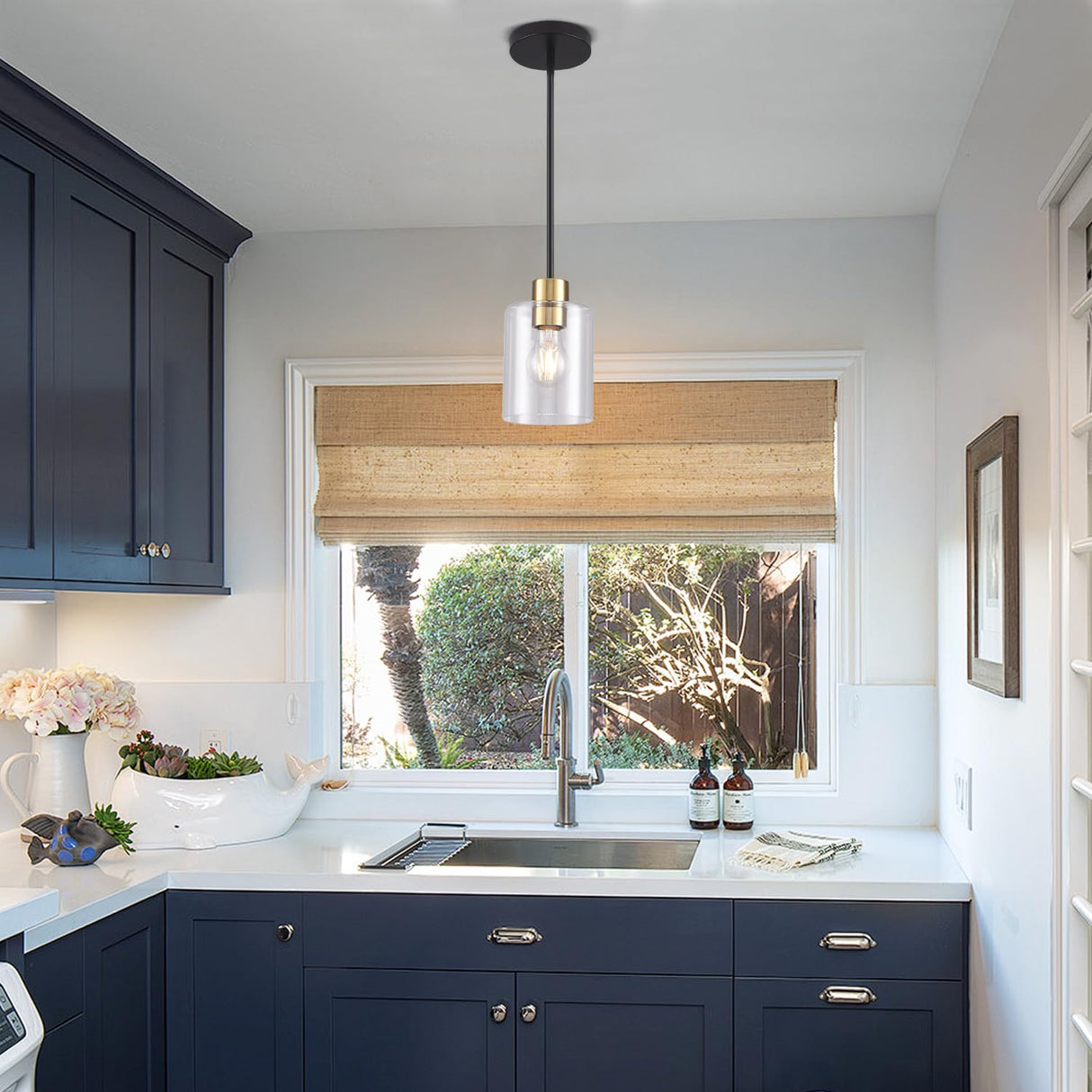 KLSS Black Brass Pendant Lights Kitchen Island - Clear Glass Pendant Light Fixture Multiple Stems Rods 3 Units 12 Inch 3 Units 4 Inch (2 Pack Black Brass Downrod)