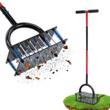 Lawn Aerator Tool, 16 Iron Spikes Manual Grass Aerator Lawn Tool with Spring-Loaded Design & Adjustable T-Handle, Automatic Leaf and Dirt Cleaning Yard Aerator for Loosening Soil Aerating Patio Garden