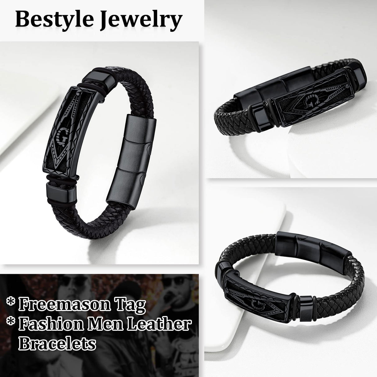 Bestyle Solid Black Freemason Symbol Masonic Leather Braided Bracelets for Men Vintage Cuff Bangle Bracelets Wrist Leather Band With Study Clasp