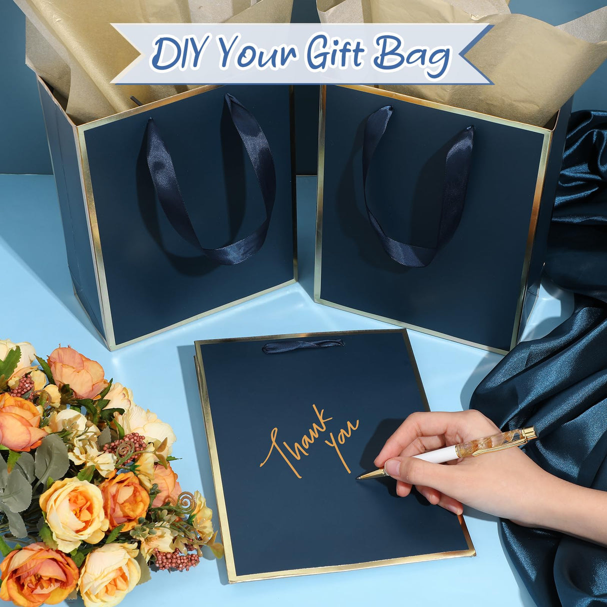 Yeaqee 24 Pack Metallic Paper Gift Bags with Handle and Tissue 9x7x3.1 Gold Foil Welcome Favor Bags Return Gifts for Wedding Fall 5 Senses Christmas Bridesmaid Birthday(Navy Blue, Gold)