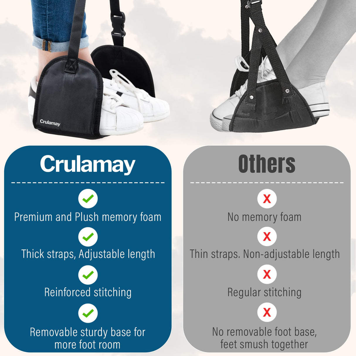 Anti-Squeeze Airplane Foot Hammock for Plane Travel with Flat Base and Memory Foam, Adjustable Leg Hammock for Airplane Travel, Leg Rest for Long Flights, Portable Foot Rest for Under Desk at Work