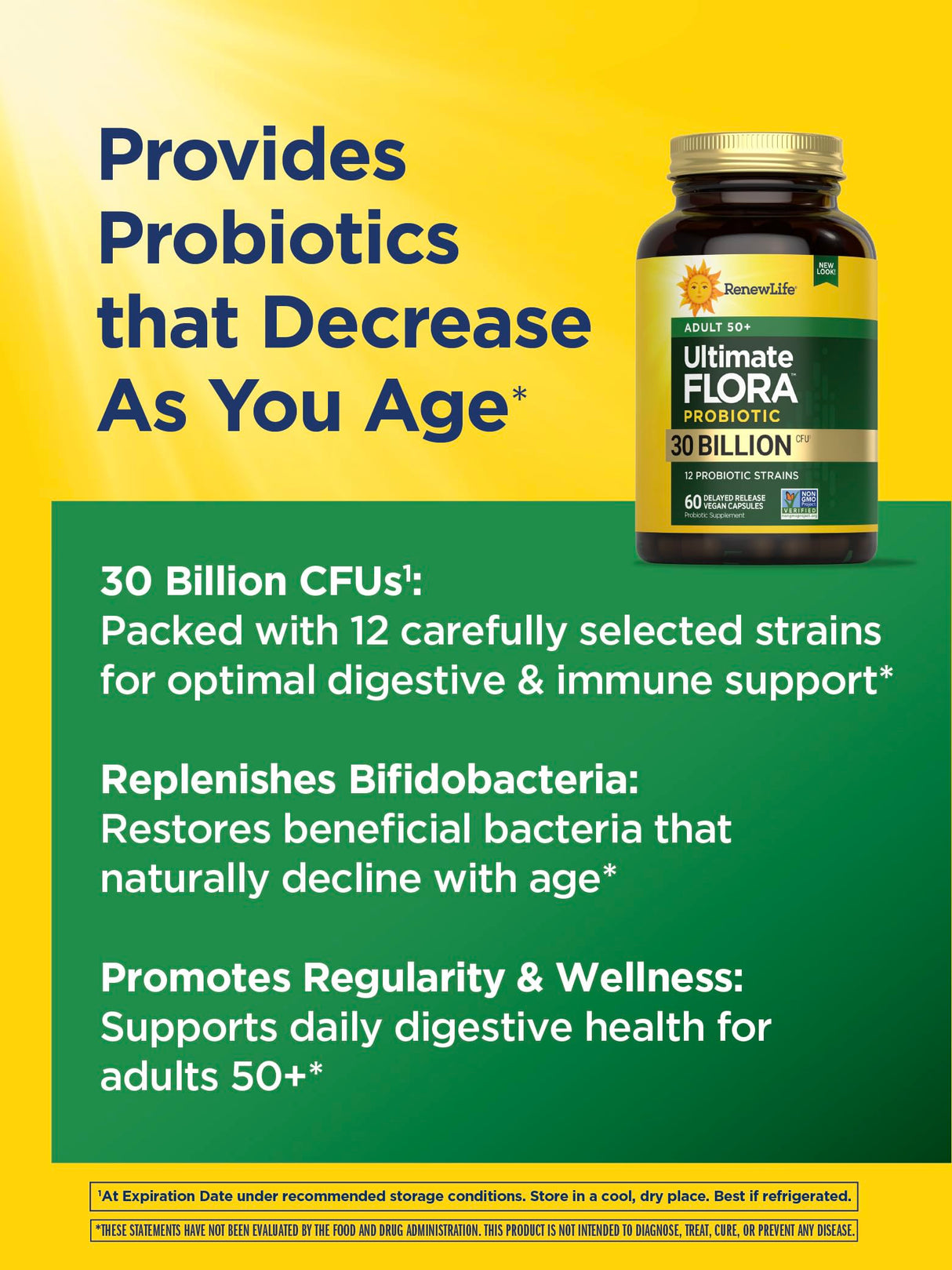 Renew Life Probiotic Adult 50 Plus Probiotic Capsules, Daily Supplement Supports Urinary, Digestive and Immune Health, L. Rhamnosus GG, Dairy, Soy and gluten-free, 30 Billion CFU, 60 Count