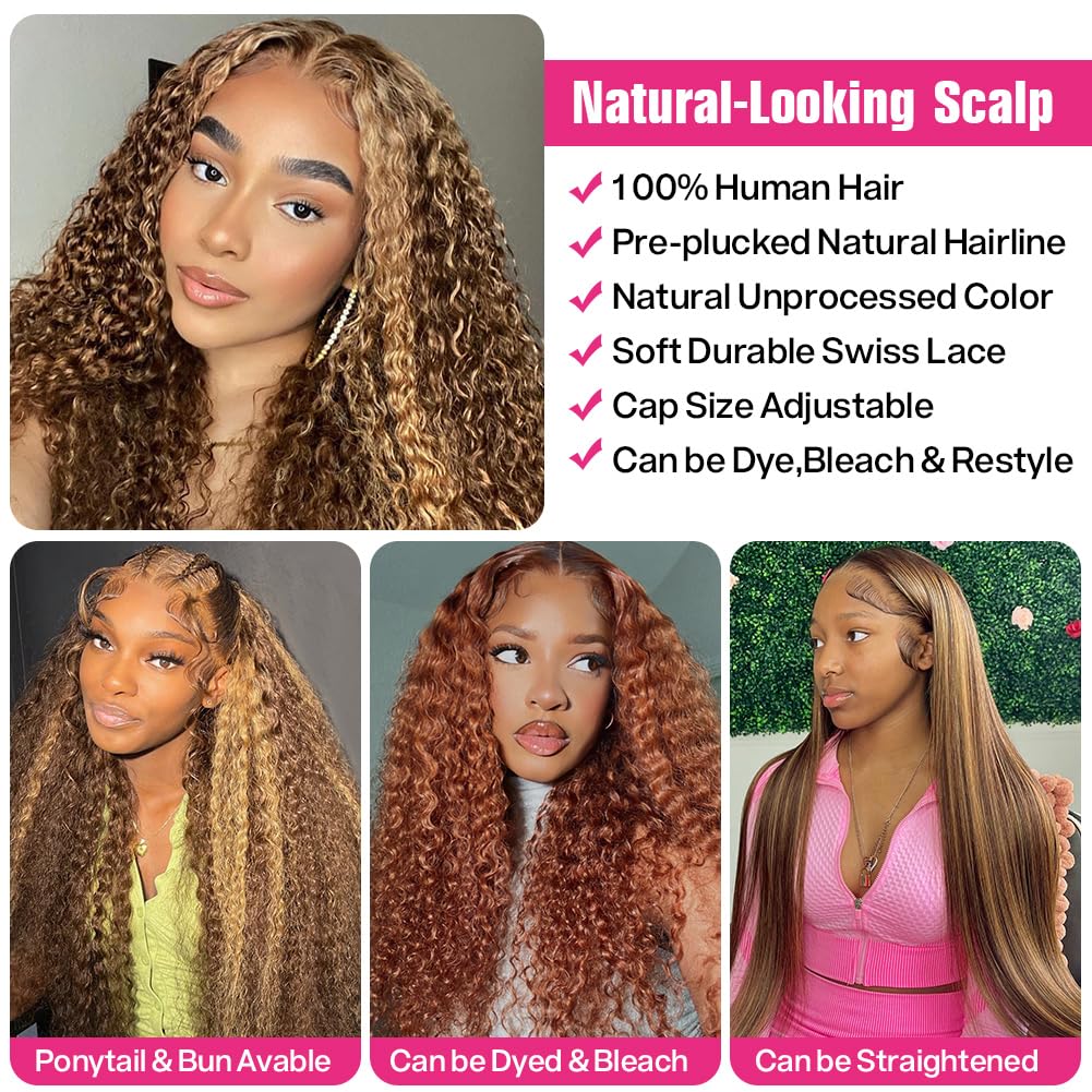 CYNOSURE 4/27 Highlight 13x5 Lace Front Wigs Human Hair Curly Wave Ombre Honey Blonde HD Lace Front wig Human Hair Pre Plucked 180 Density 26 inch Frontal wig Colored