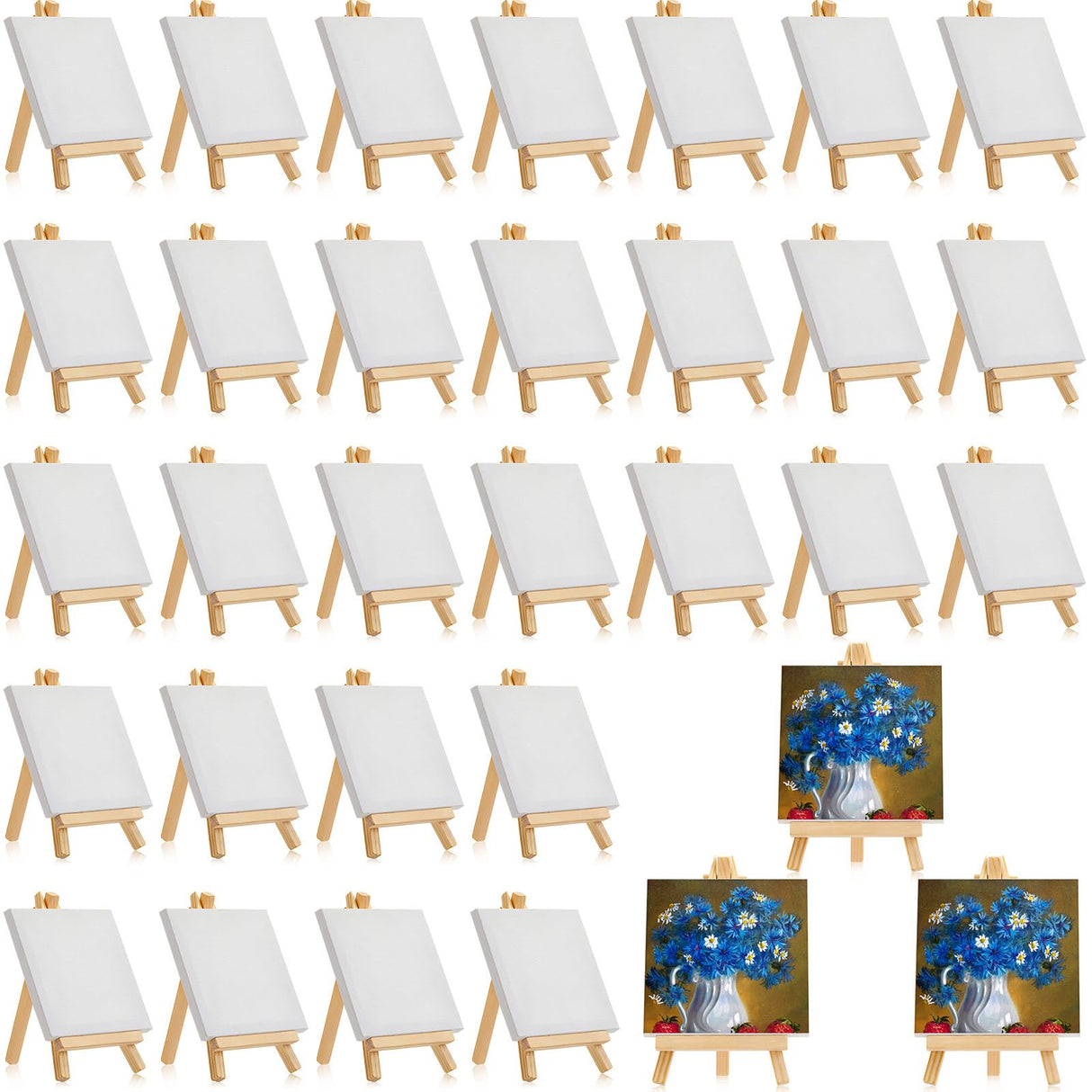 Mimorou 32 Pack 3 x 3 Inch Mini Canvases with Easel Sets for Painting Small Art Stretched Canvases Panels Pack with Wood Display Easel for Kids Birthday Parties Operation Christmas Gifts Items