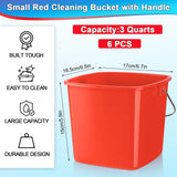Zhehao 6 Pcs 3 Quart Bucket for Cleaning Small Sanitizer Bucket for Restaurant Square Plastic Pail with Handles for Home, Offices, Commercial Use, Food Service(Red)