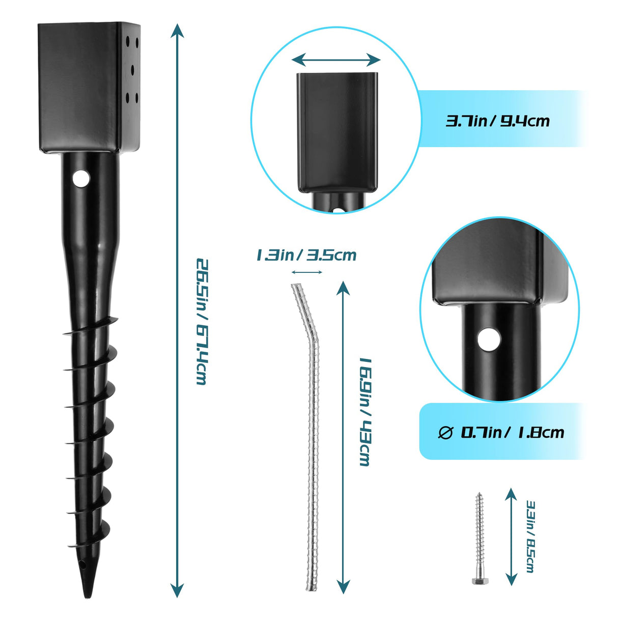 XYADX No Dig Ground Screw Anchor - Black Post Stake for 4x4 Wood Posts, Includes Lag Bolts & 27" Rebar, for Mailbox Posts and Fence Posts Anchor, 1 Pack