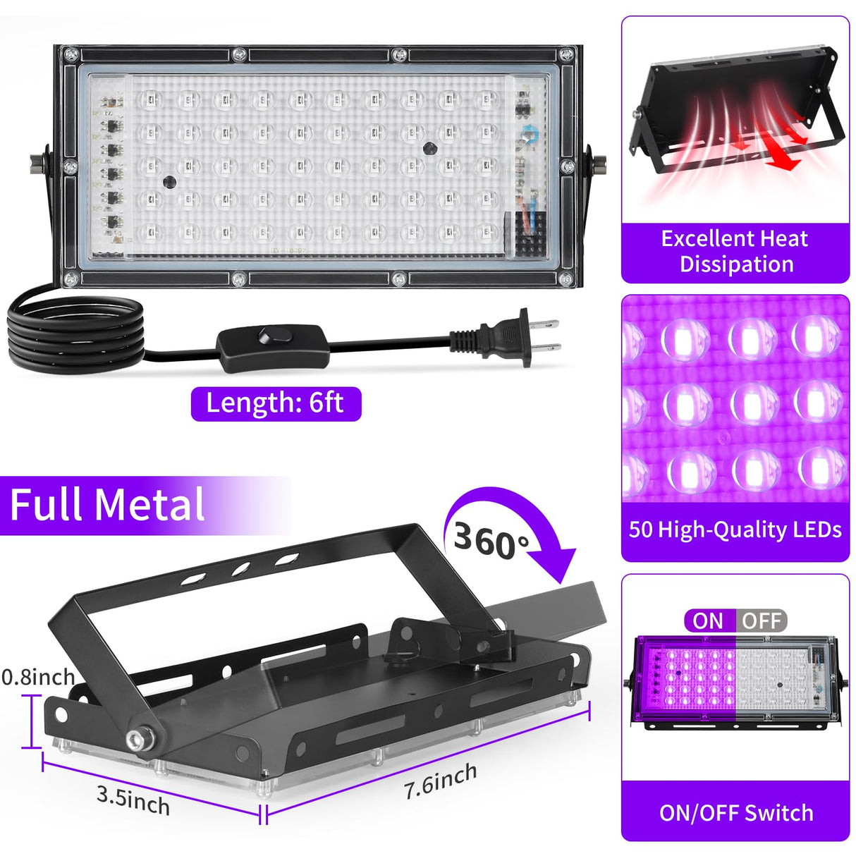 YAYIT 50W Black Lights with Switch+Plug, IP66 Waterproof, LED Blacklight Flood Light for Glow Party, Halloween, Bedroom, Fluorescent Poster, Body Paint, 2 Pack