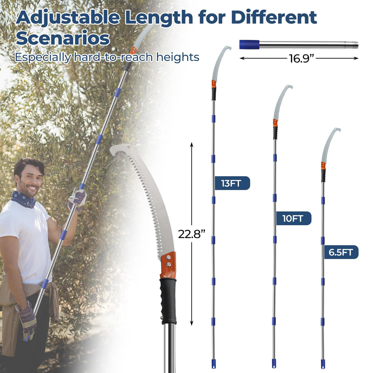 13FT Pole Saws for Tree Trimming with Sharp Pruning Blade | Comfort Grip & 28mm Stainless Steel Tree Trimmer Pole for Yard Garden and Patios High Branches Cutting