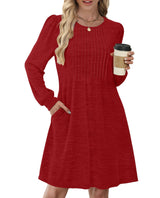 OFEEFAN Christmas Dresses for Women Sweater Dresses for Women 2025 Casual Long Sleeve Dress Pleated Fall Winter Dresses with Pockets Red L