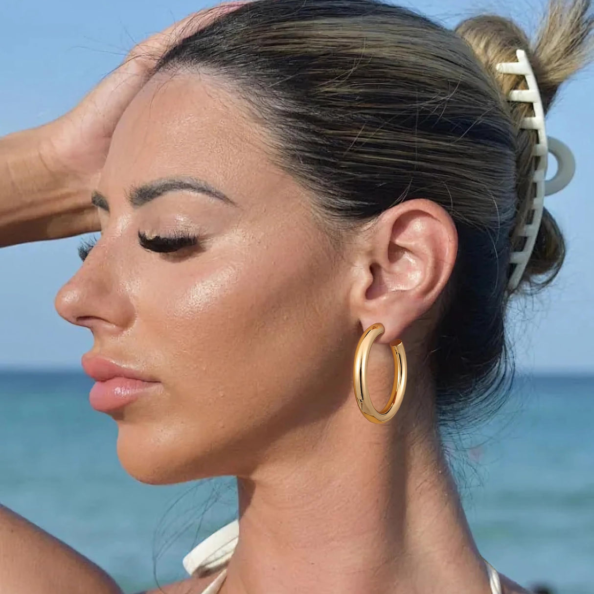 Gacimy Chunky Hoop Earrings for Women 14K Gold Plated, 925 Sterling Silver Post Hoops for Women, 50mm Yellow Color Big Earrings