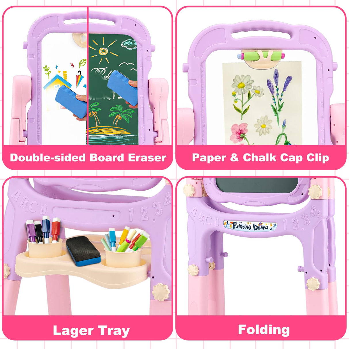 Kids Easels for Toddlers 2-4 Double Sided Kids Art Easel with Magnetic White Board Chalk Board Adjustable Stand Drawing Painting Easel Learning Toys 2 3 4 Year Old Girl Birthday Christmas Gifts Pink
