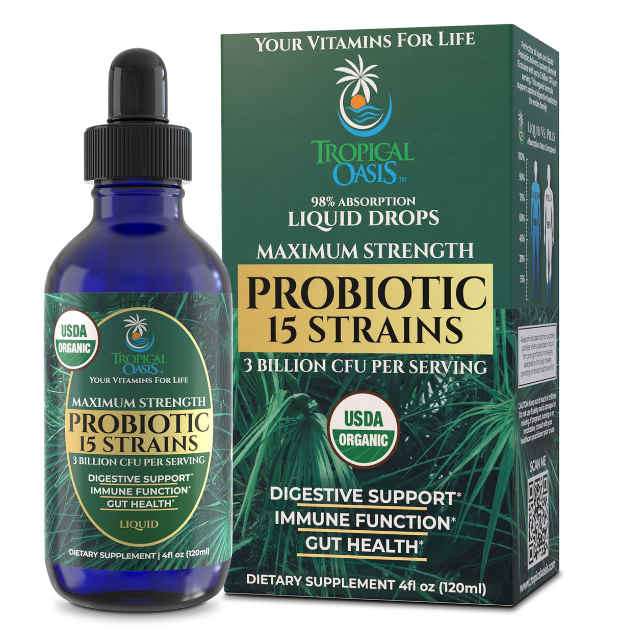 USDA Organic Liquid Probiotics for Men, Women & Kids | 15 Clinically Studied Strains | Digestive Support, Immune & Gut Health | Maximum Strength | 98% Absorption | Vegan, Non-GMO | 40 Serv