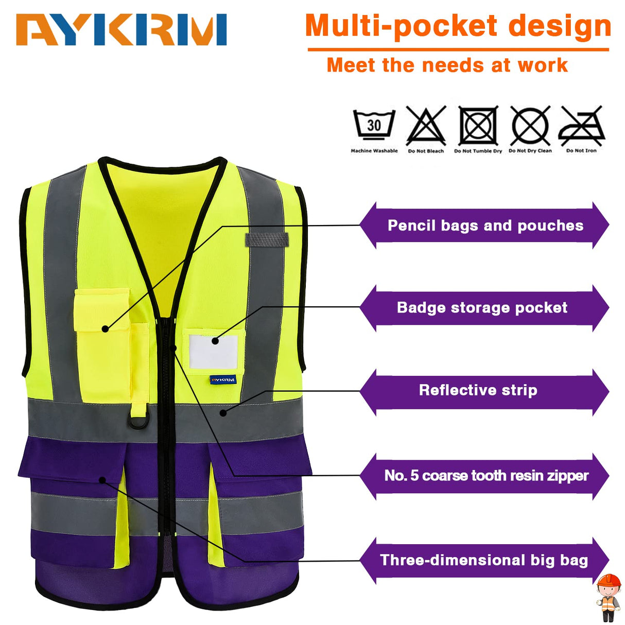 Yellow&Purple 4XL-5XLHigh Visibility Safety Vest with ZIPPER 4 Reflective Strips 7 Pockets