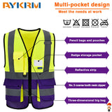 Yellow&Purple 4XL-5XLHigh Visibility Safety Vest with ZIPPER 4 Reflective Strips 7 Pockets