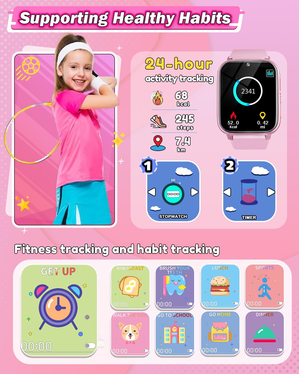 Sueseip Kids Smart Watches Girls Toys Age 6-8, HD Touchscreen Dual Cameras Kids Watch for Girl Ages 8-10, Kid Toy with 35 Games MP3 Learn Card for 5 6 7 8 9 Year Old Girl Christmas Birthday Gifts