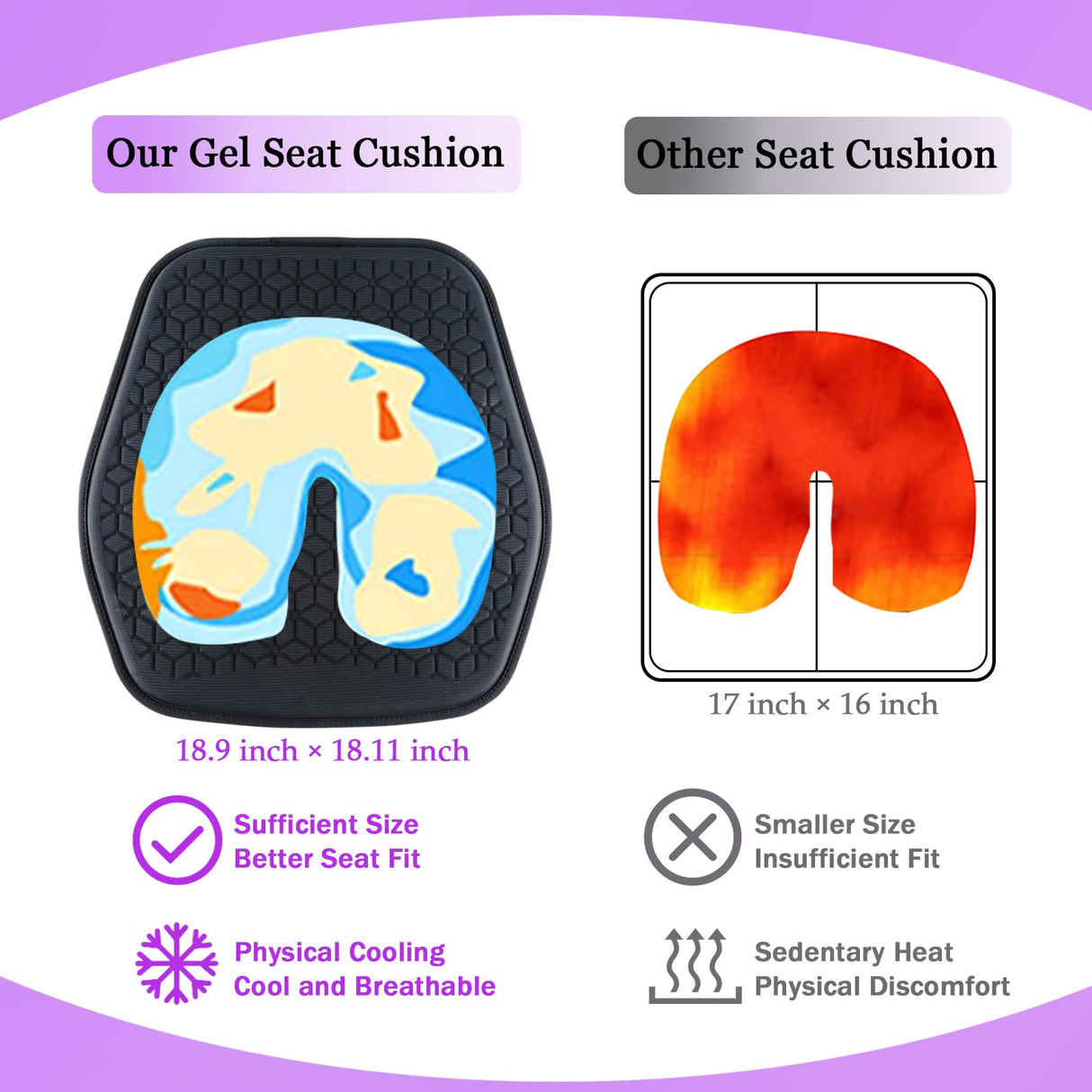 Binsheo Thin Gel Seat Cushion for Car Seat, Office Chair, Wheelchair, Golf Cart - Non-Slip Car Seat Cushions with 1 Inch Gel - Sciatica & Coccyx Pain Relief (Fabric, Black)
