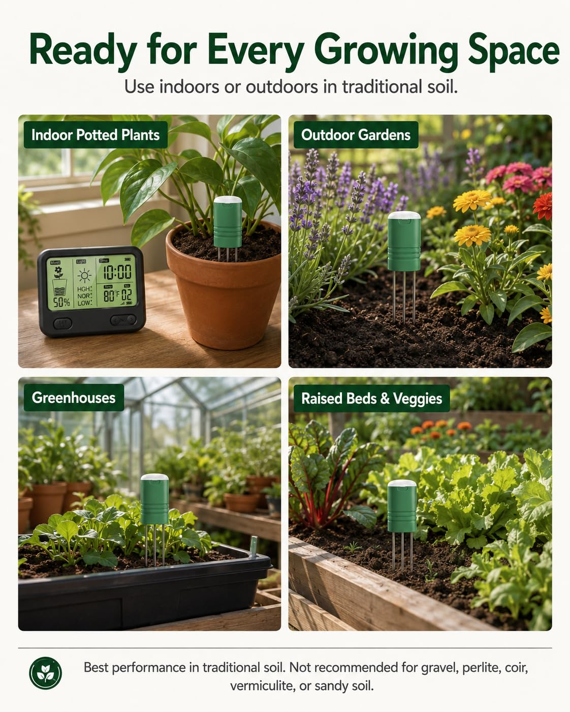 VODESON Soil Moisture Meter for Plants, 12-Zone Wireless Plant Water Meter, Soil Thermometer and Light Sensor, 4-in-1 TDR Tester, 230ft Range, IPX5 Waterproof for Indoor Outdoor Garde(Display+2Sensor)