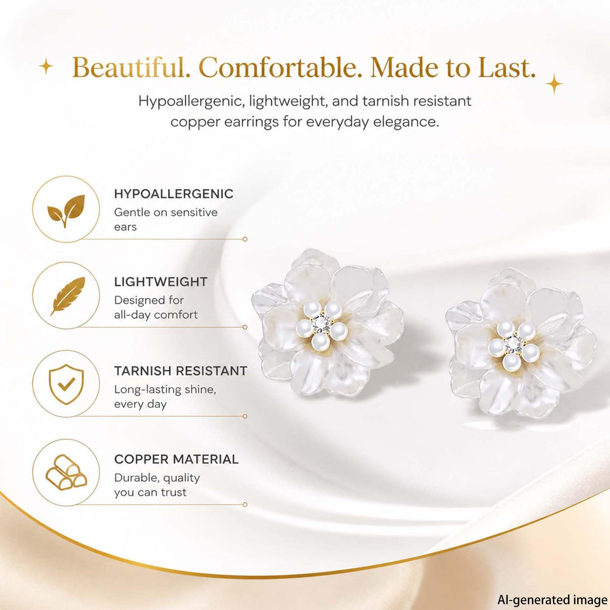 HETICA Camellia Pearl Stud Earrings for Women, White Floral Wedding Gift